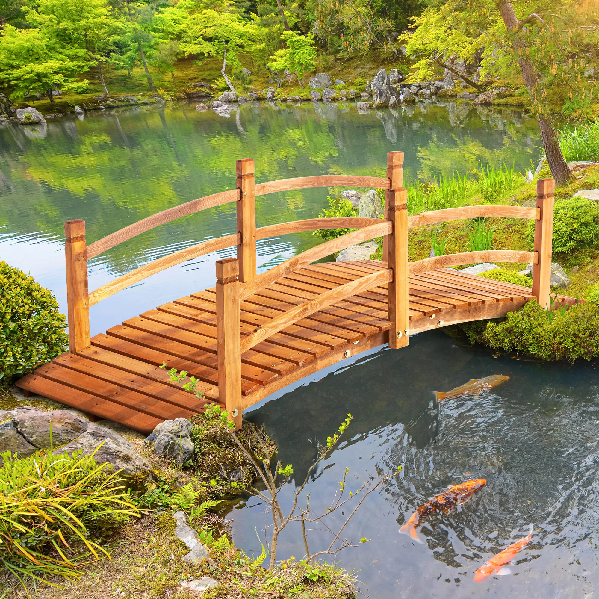 Pont de jardin en bois de 185 cm avec rampes, capacité robuste de 200 kg, pont en bois de sapin massif pour étang, allée et décoration de jardin