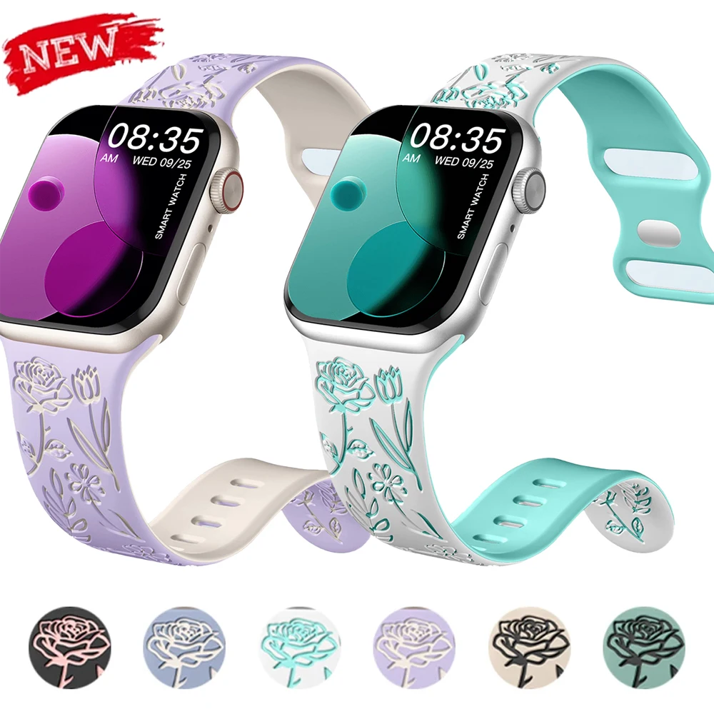 

Pop Women Engraved Floral Strap For Apple Watch Band Ultra 2 49mm 46mm 45mm 44mm 40mm 42mm Bracelet IWatch Series 10 9 8 7 6 SE
