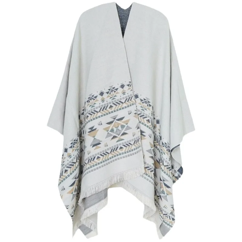 Loose Thick Warm Poncho Cape Women Faux Cashmere Overcoat Cloak Winter Big Pendulum Printed Geometry Knitted Long Shawl Mantle