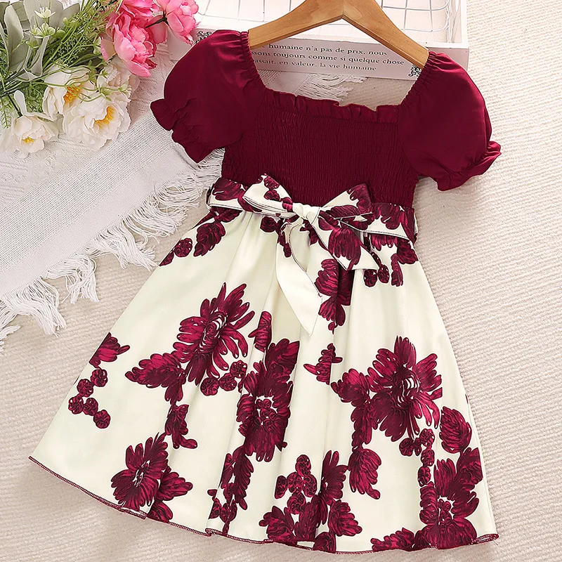 Dress For Girls 4-7 Years Square-neck Puffy Sleeves Printed Dress Give Belt Comfort Style