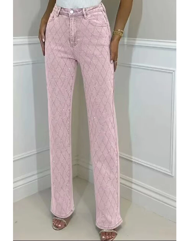 

European style new women's fashion versatile temperament solid color slim diamond casual trousers