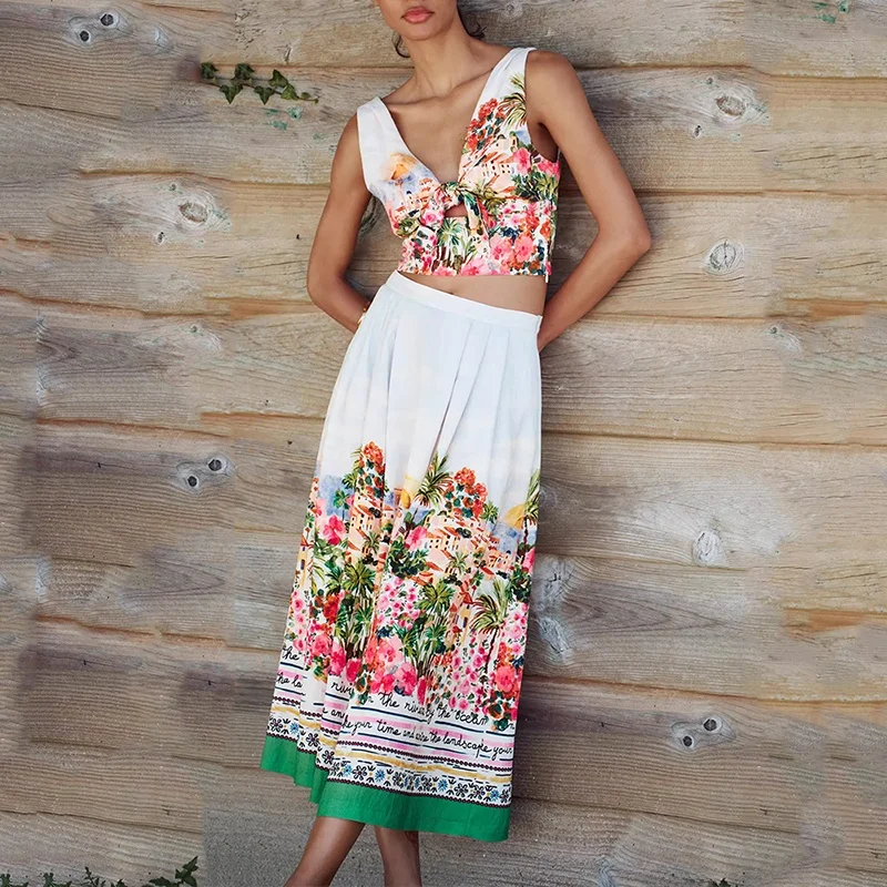 2025 여름 신상 여성 패션 프린트 클로크 스타일 하이웨이스트 미디 스커트 스탠다드 핏 A라인 스트릿 스타일 플로럴 폴리에스터