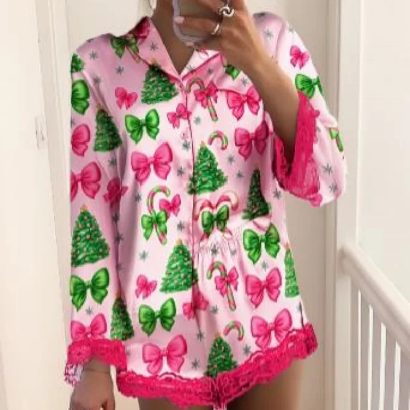 

Женский рождественский пижамный комплект с розовым бантом и кружевной отделкой, комплекты из двух предметов для отдыха с длинными рукавами