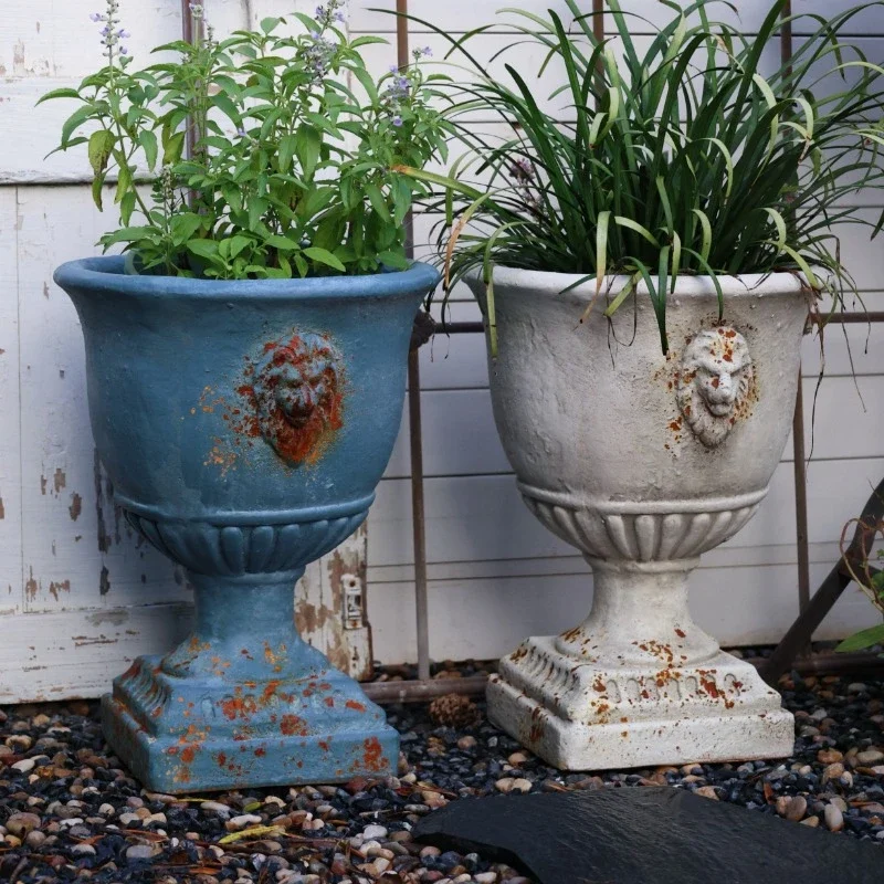 Antique Lion Head Planter Do Old Outdoor Flower Pot for Garden Decor Vintage Greenery Display Rustic Balcony Bonsai Container