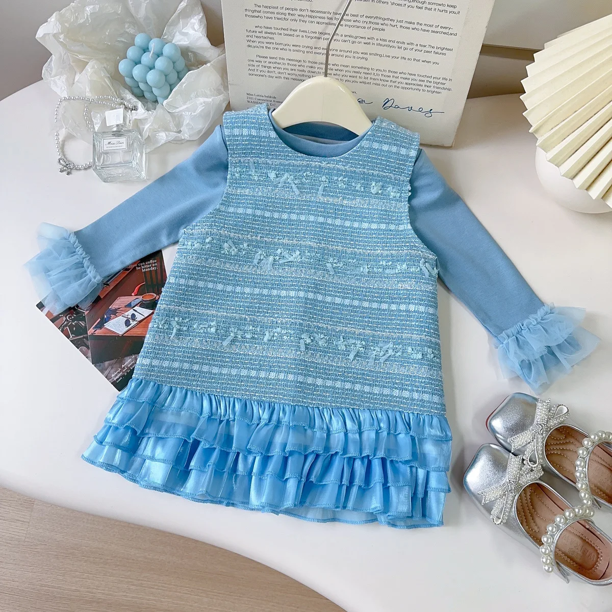 

Платье для девочек, осеннее детское платье принцессы для маленьких девочек, синяя рубашка и платье, костюм, детское милое элегантное праздничное платье для девочек, одежда для детей 2–7 лет