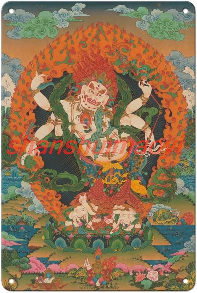 Mahakala Shadbhuja Sita (White Lord with Six Hands) - Tantric Wealth Deity - Vintage Tibetan Thangka Buddhist Painting  sha sign