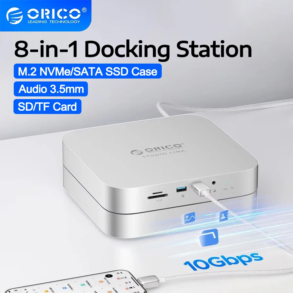 ORICO 8-in-1 Docking Station 10Gbps StudioLink With M.2 NVMe SATA SSD Enclosure USB C HUB USB3.2 SD/TF3.0 for Mac mini Chassis