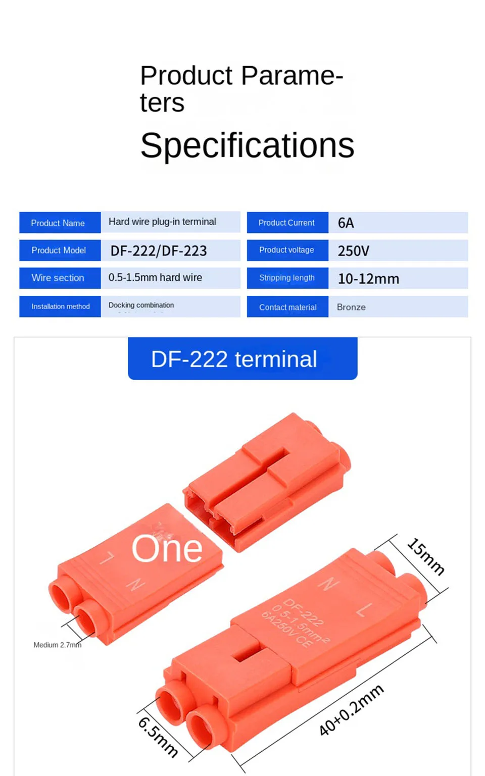 Beleuchtungskomponenten Schnellverbindungsklemmen DF-222/223 Hartdraht-Verbindungsstecker 2/3-polig Elektrischer Steckverbinder Kompakter Push-in-Anschluss – Detail 5