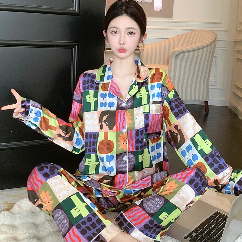 

Spring and Autumn New Ladies Korean Pajamas Homewear Suit Girl Sense of Colorful Plaid Pajamas Female Ice Silk Cartoon Homewear