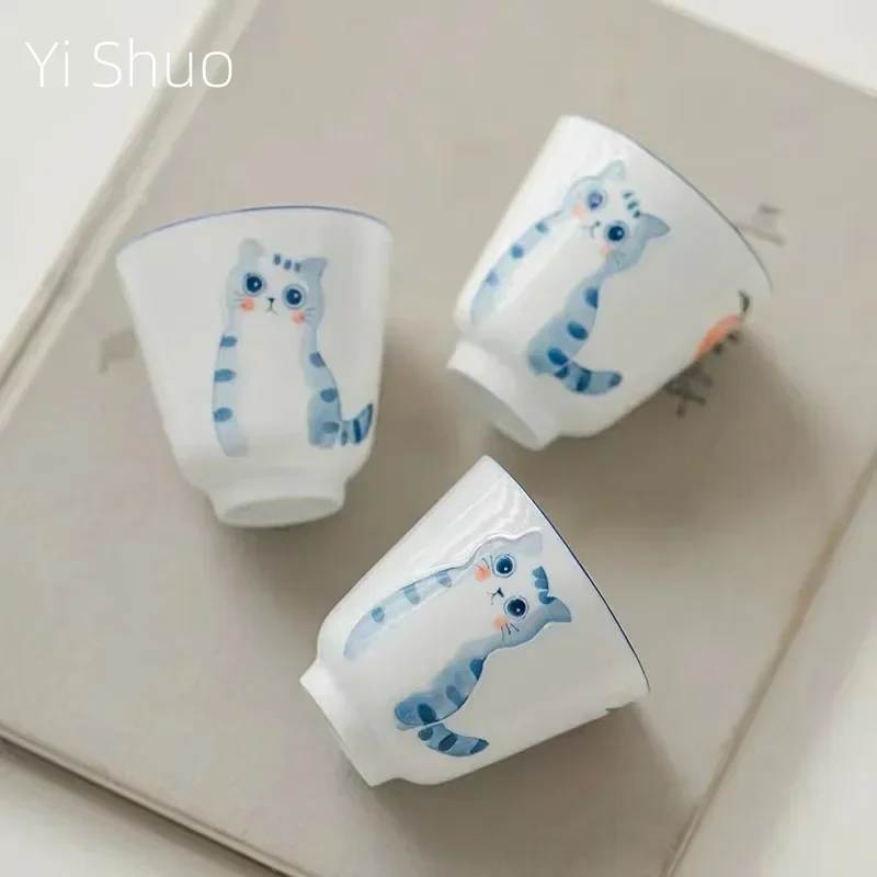 Tasse à thé Kung Fu peinte à la main avec chat, tasse de maître en porcelaine, bol à thé unique, tasse chinoise, petit