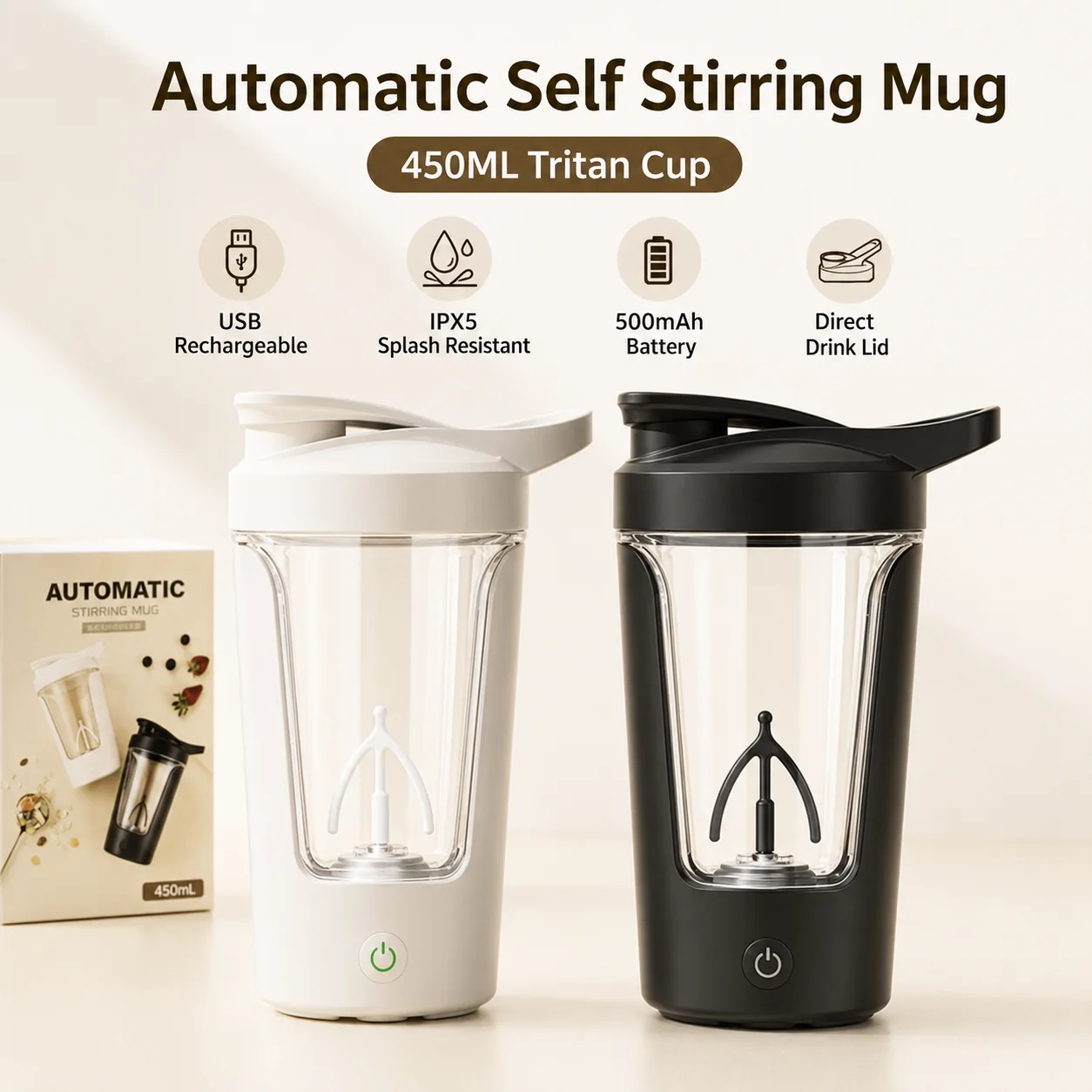 450ml Automatic Self Stirring Mug USB Rechargeable Tritan Protein Shaker Cup Portable Mixing Bottle with Drink Lid