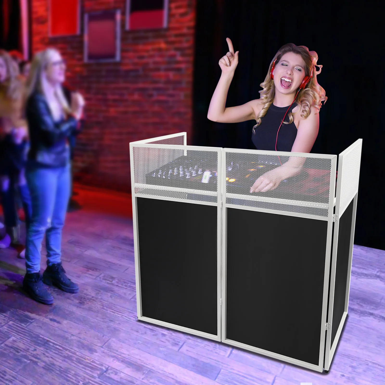 كشك مناسبات DJ مع طاولة رف عرض مقاس 48 × 24 بوصة، محطة واجهة مناسبات محمولة قابلة للطي مع حقيبة يد للحفلات، مقشدة إضاءة