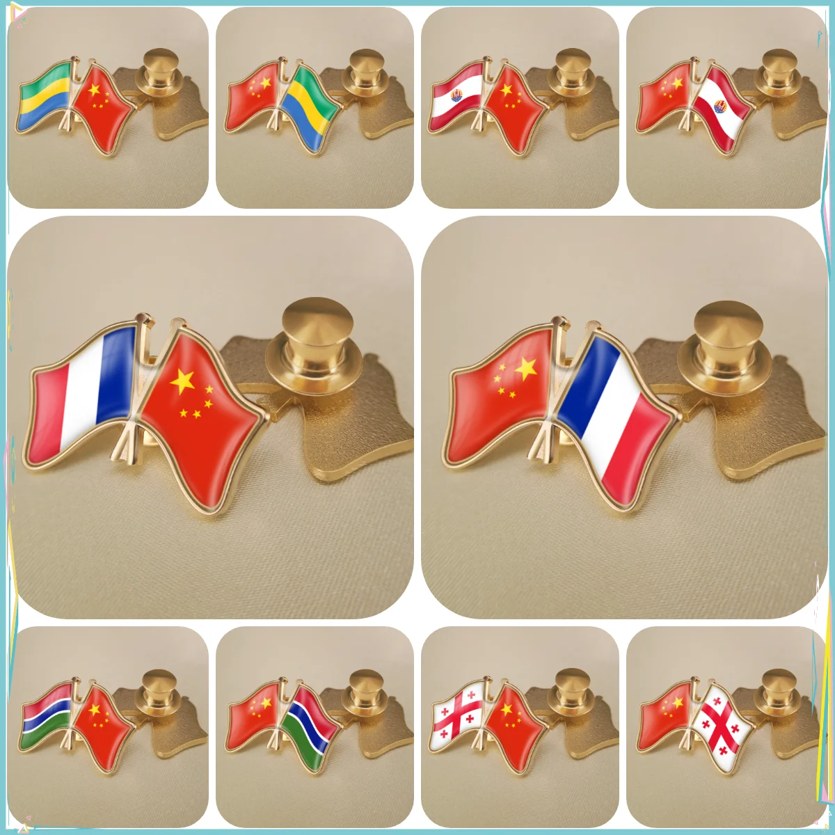 China and France French Polynesia Gabon Gambia Georgia Crossed Double Friendship Flags Lapel Pins Brooch Badges