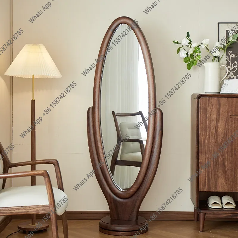 N62 Ganzkörperspiegel aus schwarzem Walnussholz, vom Boden bis zur Decke, drehbarer Spiegel für das Schlafzimmer, komplett aus Massivholz, einfache Ankleidevorrichtung