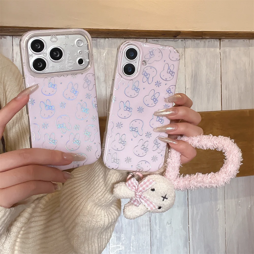 

Snowflake Gilt Line Rabbit Phone case for iPhone 17 Pro 14 15 16 Pro Max Fundas With Plush Pendant Cute Shockproof Protective Co