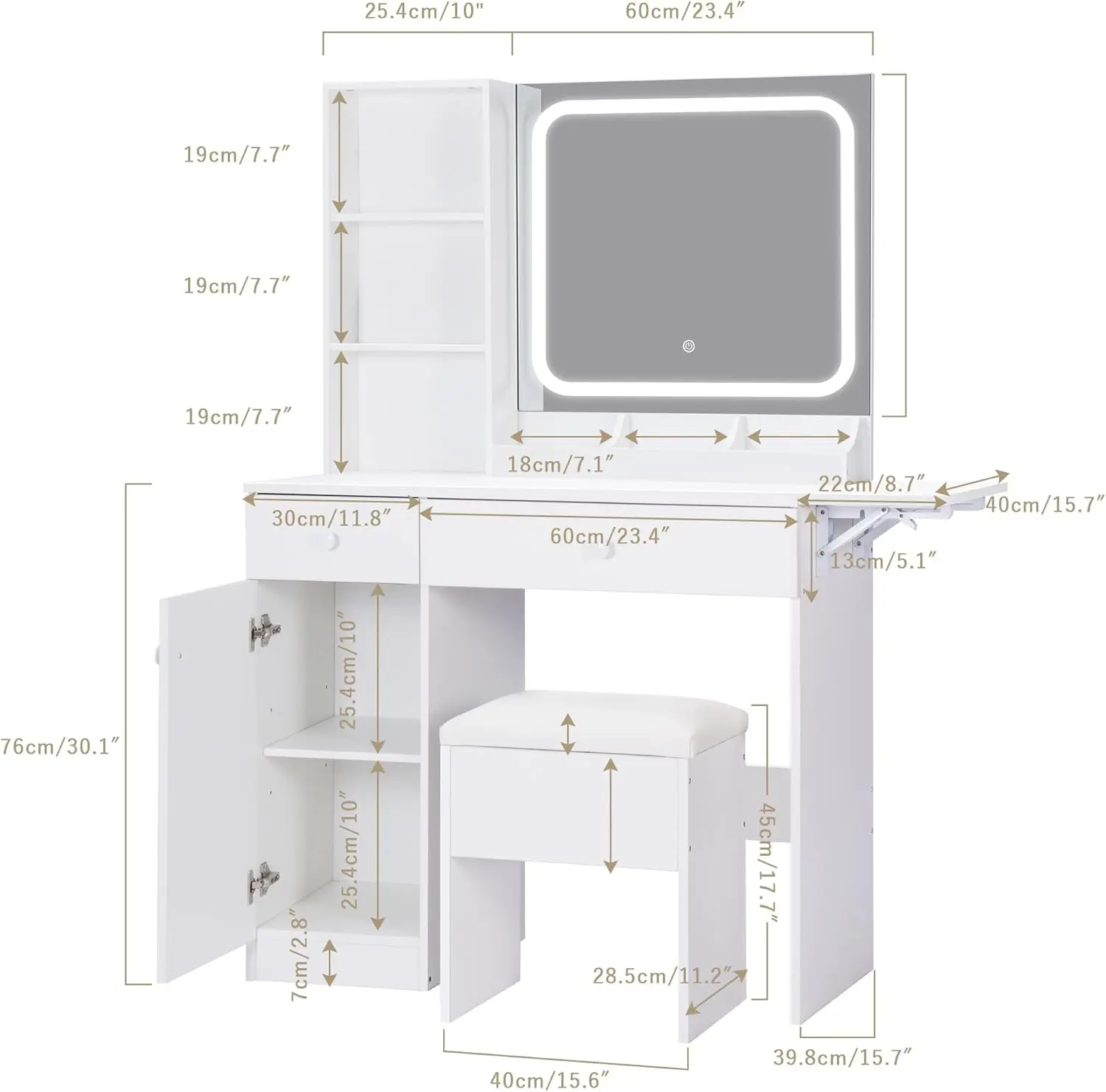 Meja Rias dengan Cermin dan Lampu LED, Meja Rias Rias dengan Stasiun Pengisian Daya, Laci Penyimpanan, Rak, Kabinet yang Dapat Disesuaikan