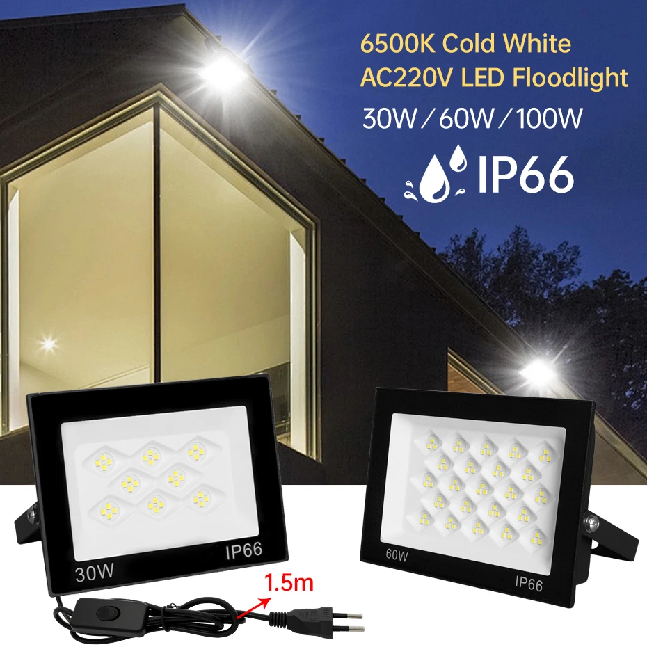 

LED Floodlight 30W 60W 100W Flood Light AC 220V 6500K Waterproof Outdoor Garden Spotlight Reflector with EU/AU/UK Switch Plug