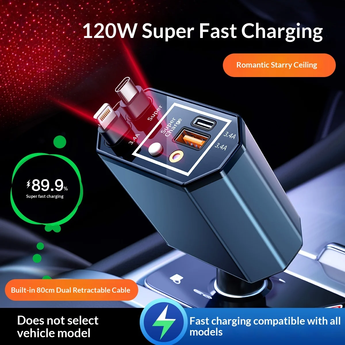 120W Car Charger with Telescopic Cable for Spot One to Three Car Interior Super Fast Charging with Ambient Light view 2