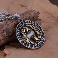 Vikings Stainless Steel Twin Wolves Mixed Gold Color Pendant Nordic Helmet of Awe Rune Amulet Necklace Gift for Boyfriend