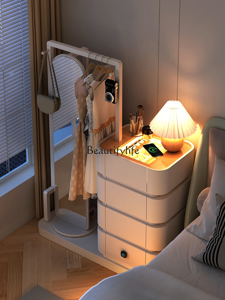 Household Cream Style Chest of Drawers Combination High Clothes Rack Integrated with Rotating Full-Length Mirror