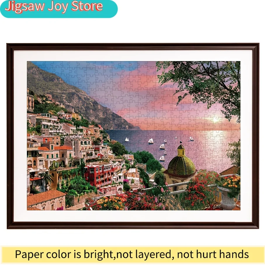 Puzzle dla dorosłych - Wybrzeże Amalfi, Włochy, malowniczy port nad rzeką, zachód słońca, sztuka, żywe kolory, 70x50cm (27,56x19,69 cala), wyzwanie