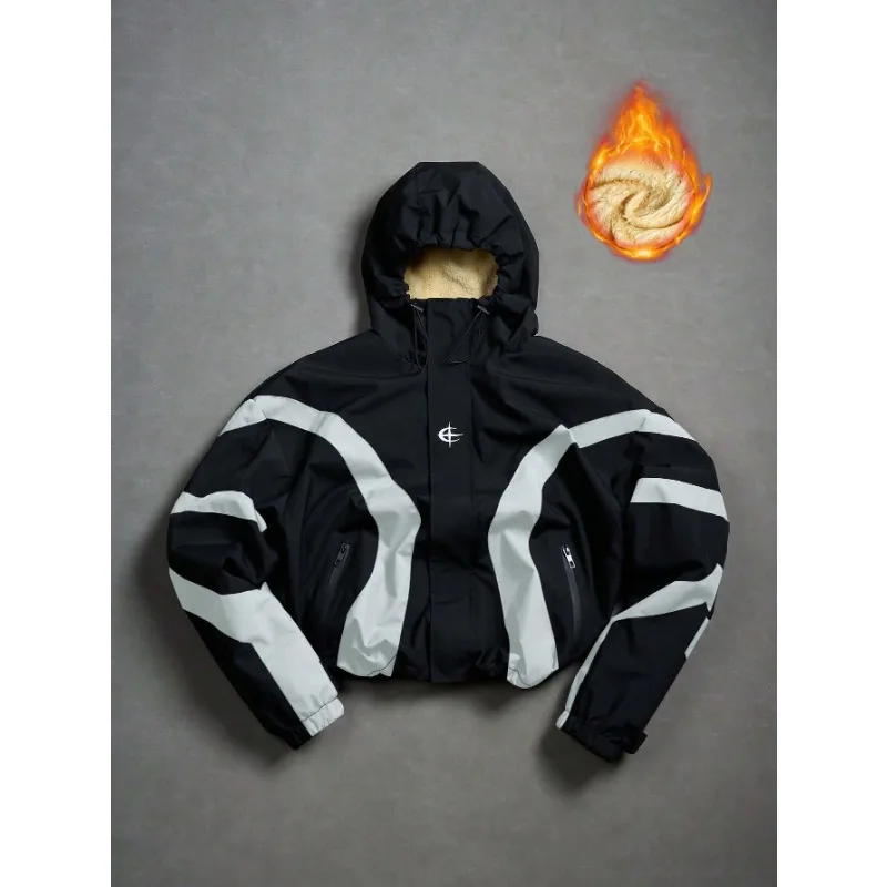 

American Style Winter Short Jackets Men Fleece Lined Warm Hooded Coat Man Hip Hop Streetwear Loose Fit Outdoor Windbreaker