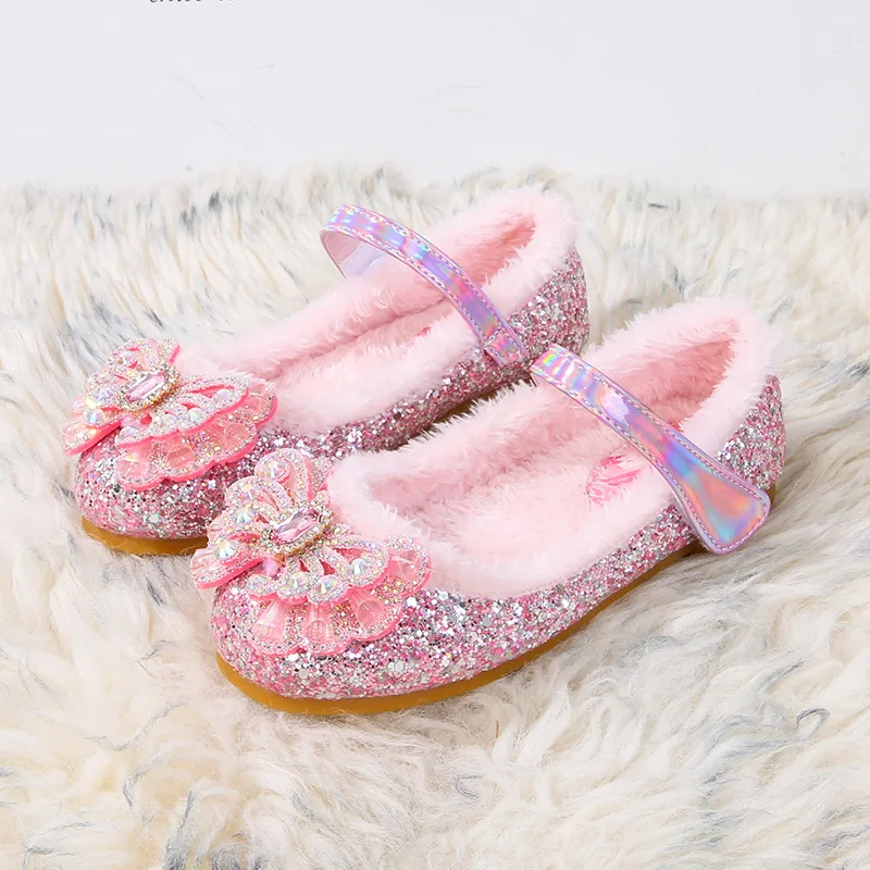 Disney Autumn Fashion Pearl Bow Rhinestone Frozen Elsa Princess Girl Shoes Flat Kids Princess Warm Winter Shoes Size 23-36