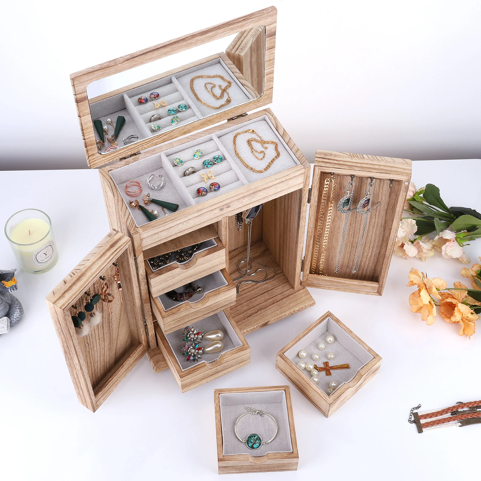 

Деревянная шкатулка для украшений, 5-слойный органайзер для хранения ювелирных изделий с выдвижными ящиками и зеркалом, витрина для ожерелий и серег