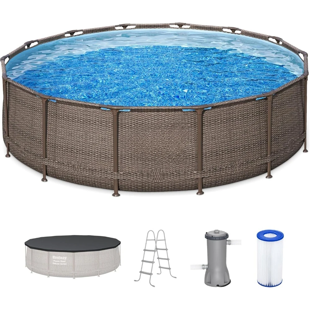 Power Steel 14’ x 42” Round Above Ground Outdoor Backyard Swimming Pool Set with 1,000 GPH Filter Pump, Ladder, and Pool