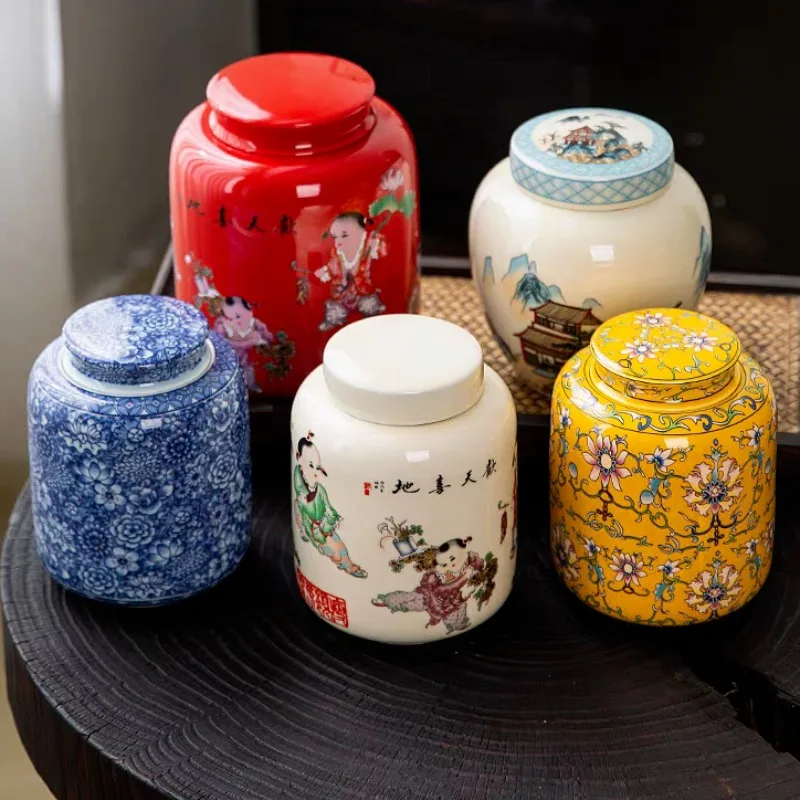 Ceramic Porcelain Large Capacity Tea Can with Lid Sealed Moisture-proof Coffee Bean Candy Storage Jar Household Food Storage Jar