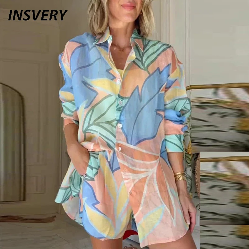 

Новые женские винтажные короткие костюмы с принтом, повседневные кардиганы с длинным рукавом и отложным воротником, рубашка, широкие шорты, летний женский комплект из 2 предметов