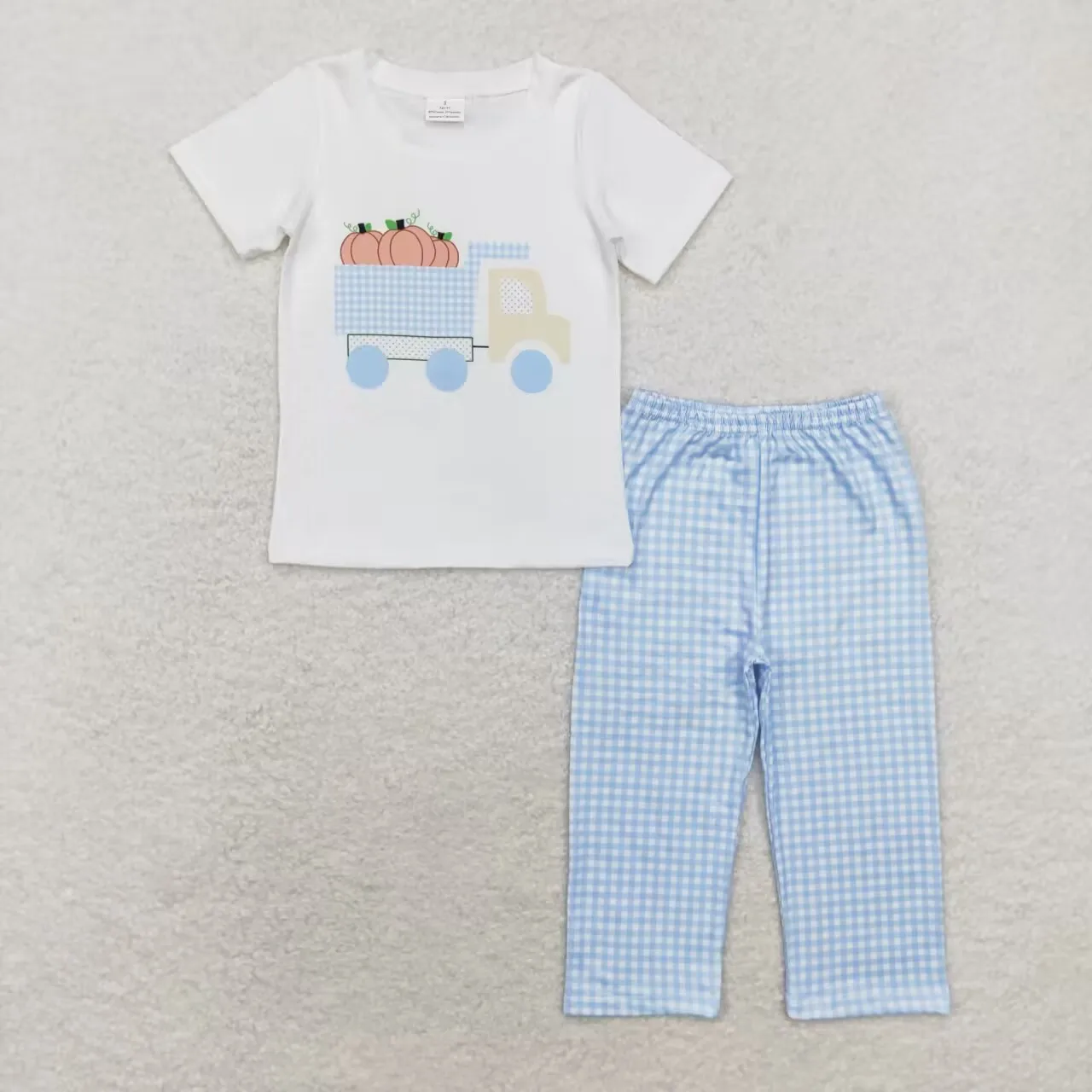 Baby Jungen blau Kürbis Kleidung Boutique Großhandel Kleinkinder fallen Outfits Baby Kinder kurze Ärmel karierte Hosen heiße Verkauf Kleidung