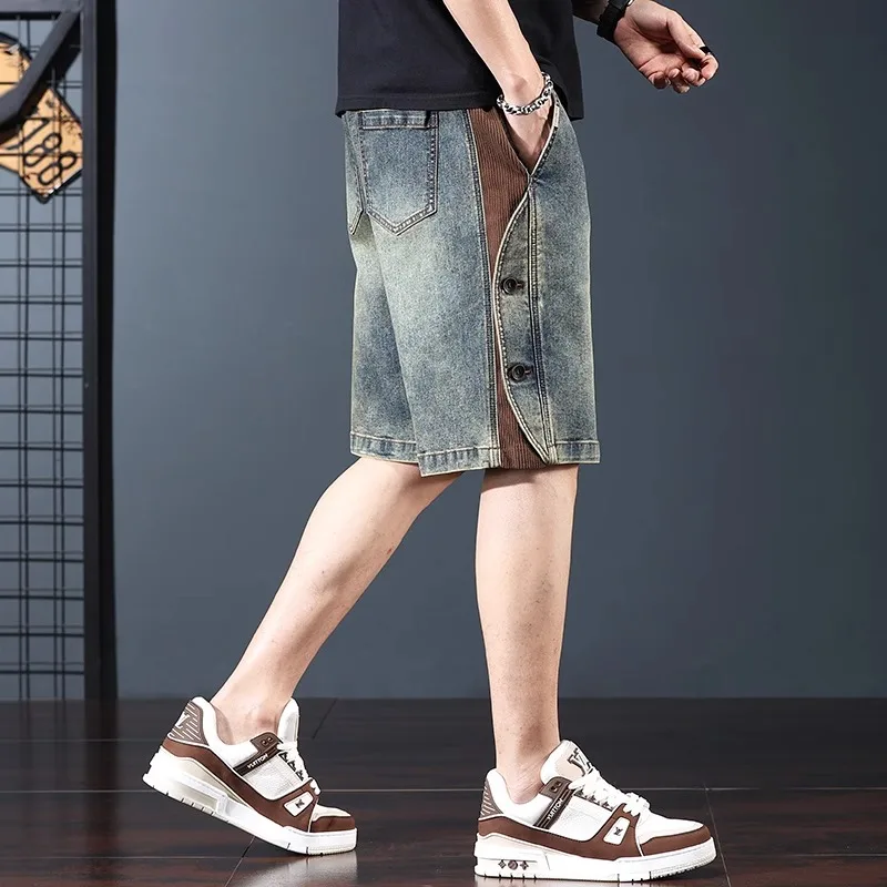 

High-End Patchwork Denim orts Men's Summer Loose Casual Elastic Waist Five-Point American Retro Mid-Pants Youth Leisure