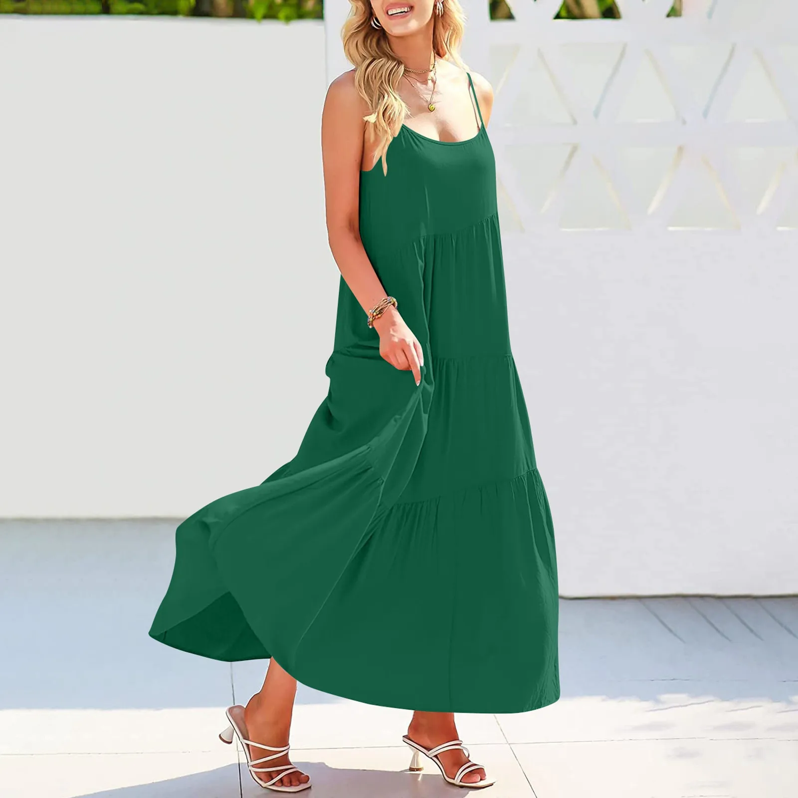 Summer Women Boho Spaghetti Strap Dress Casual Loose Pleated Maxi Long Dresses Multilayer Fashion Holiday Beach Sundress 2024