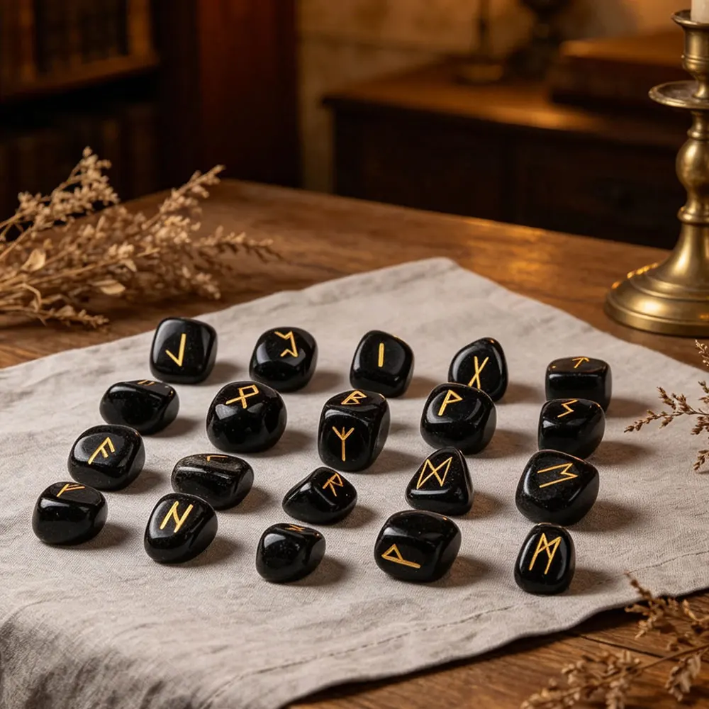 25pcs Rune Gem Stones Set  Amethysts Black Obsidian Natural Crystal Green Aventurine Witches Healing Rune Letter Pendulum X458