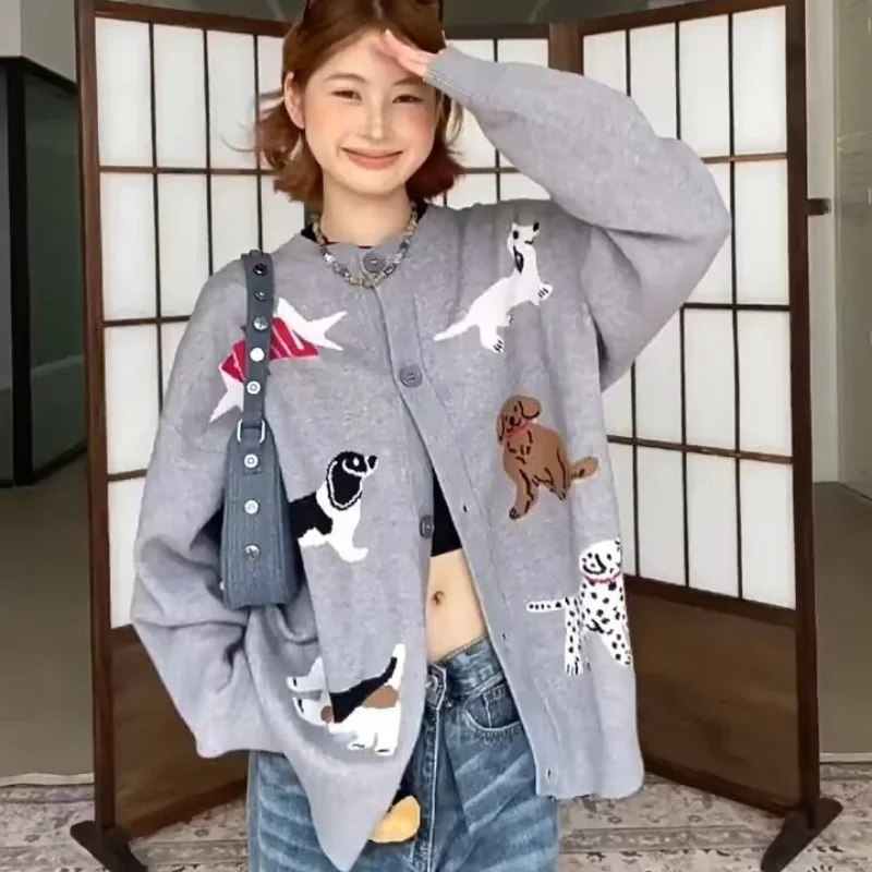 Lazy Style American Vintage Cardigan Long Sleeve Single Breasted Cartoon Jacquard Sweaters Casual Loose Cute Women Clothing 2025