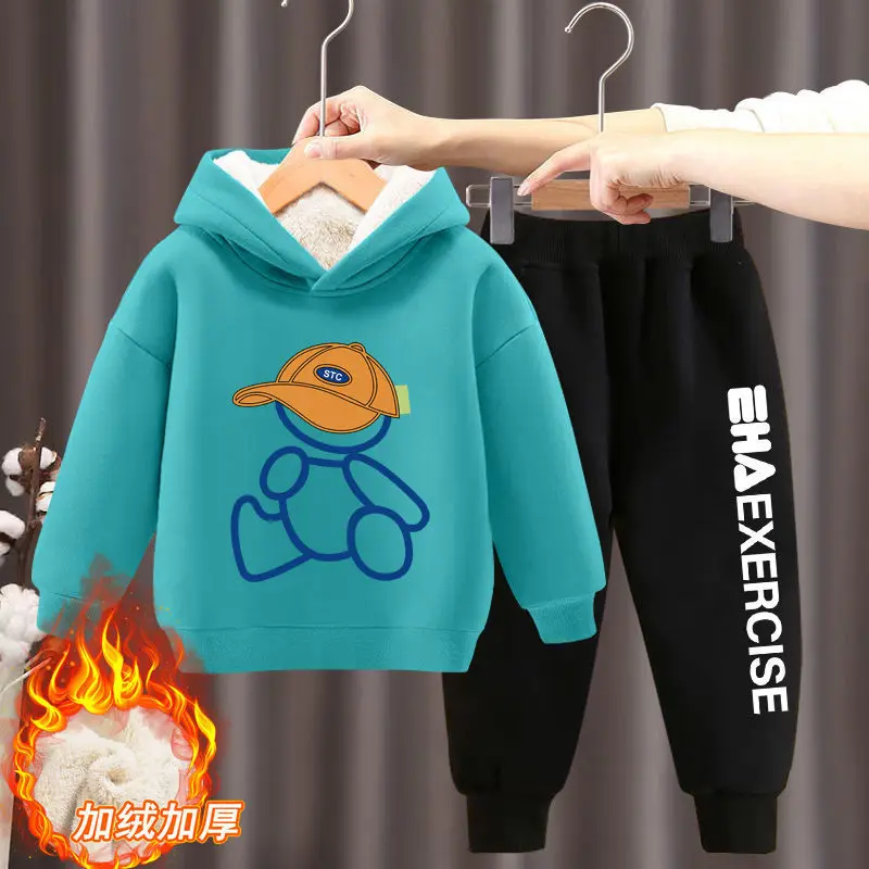 Boys and Girls' Long Sleeve Fleece Hoodies e Calças Conjuntos, Moletons Quentes, Desenhos Animados, Roupas Infantis, 2-12Y, Outono, Inverno, Novo, 2Pcs