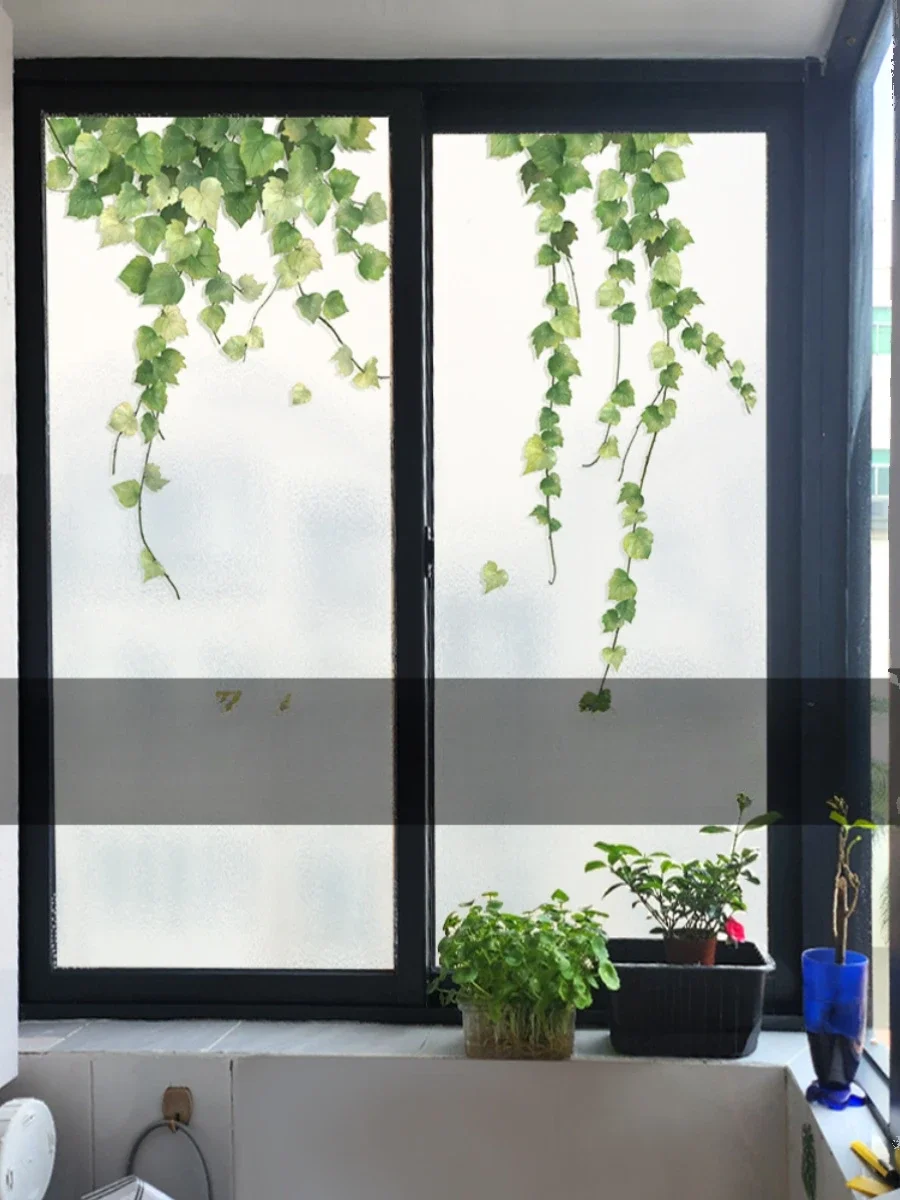 Green Plant Window Sticker, Light Blocking Bathroom Glass Film, Frosted Electrostatic Sticker Anti Peeping Glass Door Film