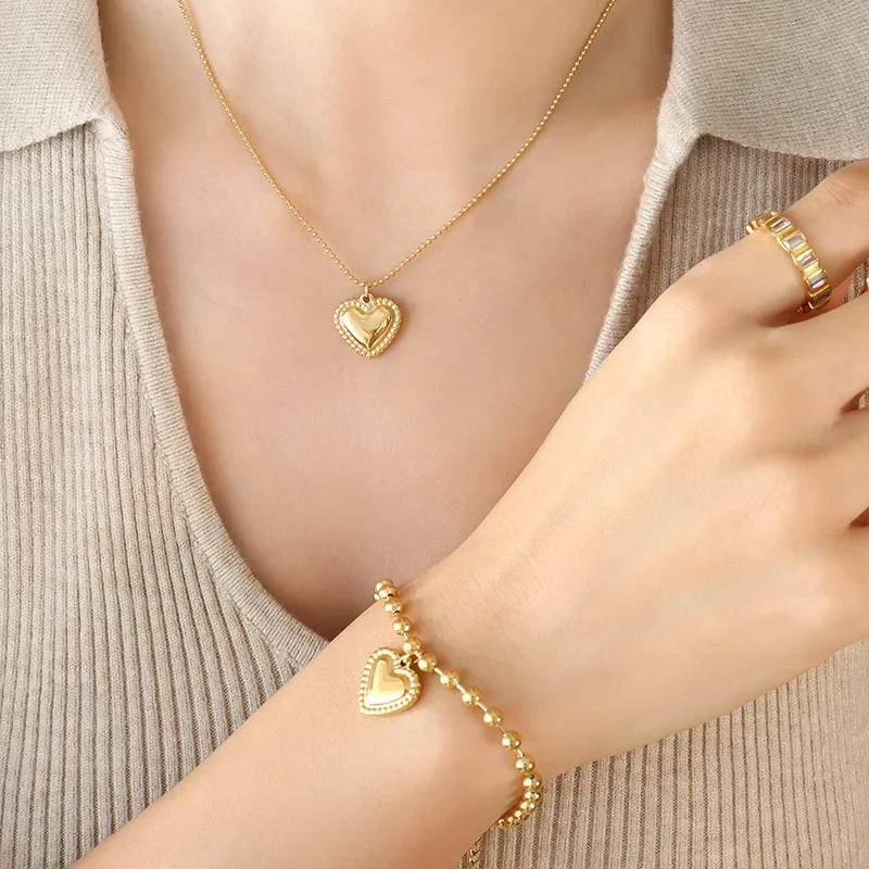 

Trendy Heart Pendant Necklace Bracelets Sets For Women Gold Plated Stainless Steel Balls Chain Women Wedding Jewelry Sets