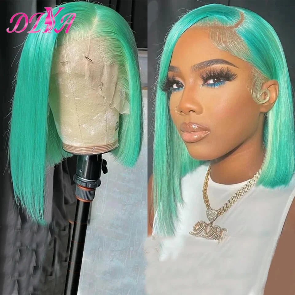 

13x4 Lace Front Straight Mint Green Colored Short Bob Human Hair Wigs for Women 180% Density Preplucked Hairline with Baby Hair