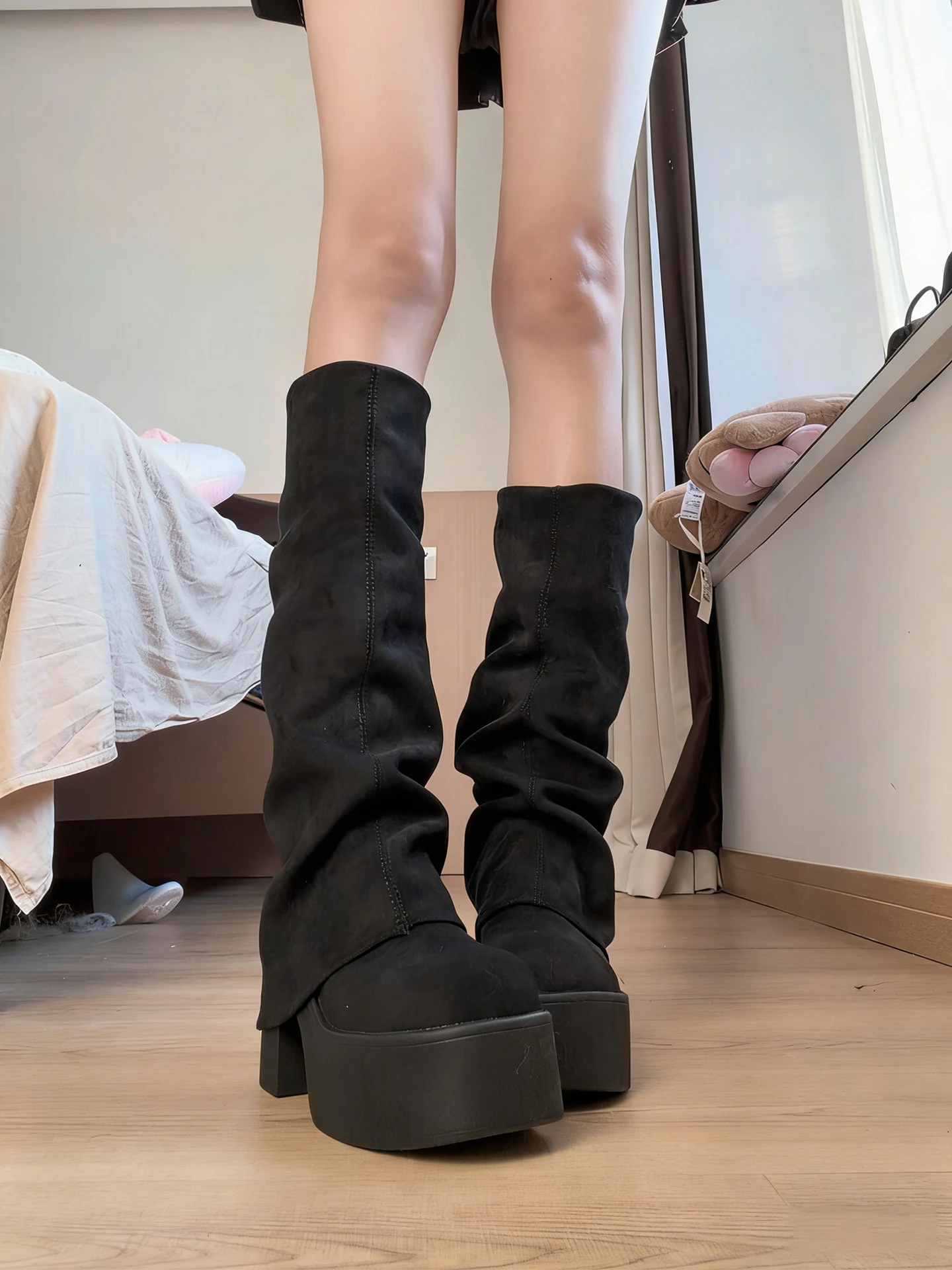 Black Thick Heel Long Velvet Surface Stacked Boots Women's 2026 New Autumn Versatile Rough Heel Small Size Heightening Knight...
