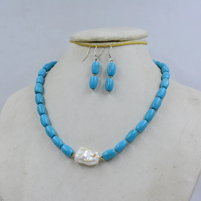 كلاسيكي 8 ملم حجر شبه كريم طبيعي. طقم أقراط قلادة من اللؤلؤ الباروكي مقاس 17 بوصة