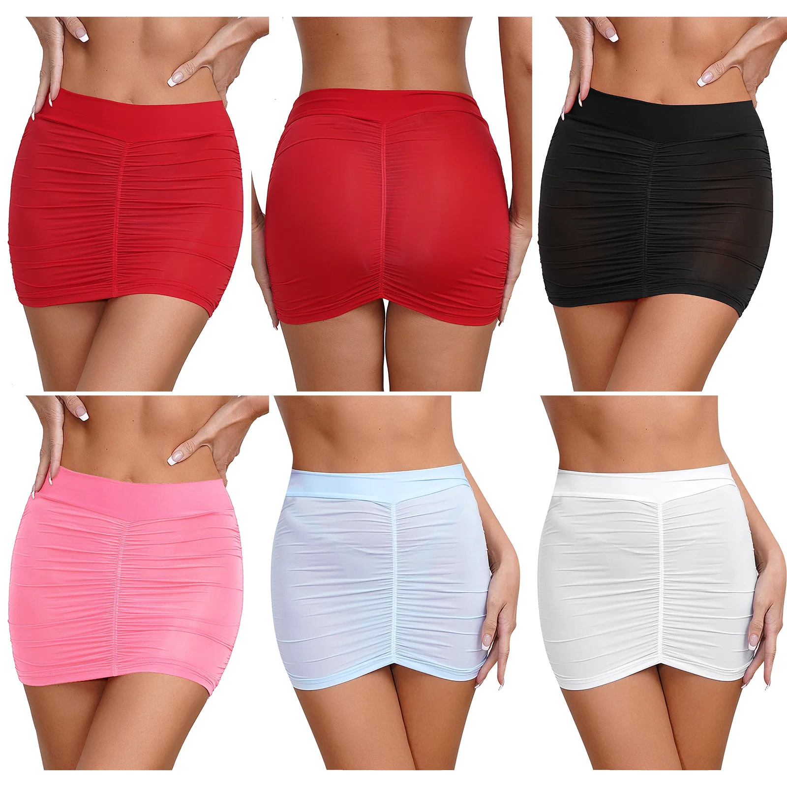 Womens Tempting Bodycon Mini Skirt Ruched Elastic Bands Semi-Sheer Skirt Hip Wrap Lingerie Skirt for Nightclub Nightwear