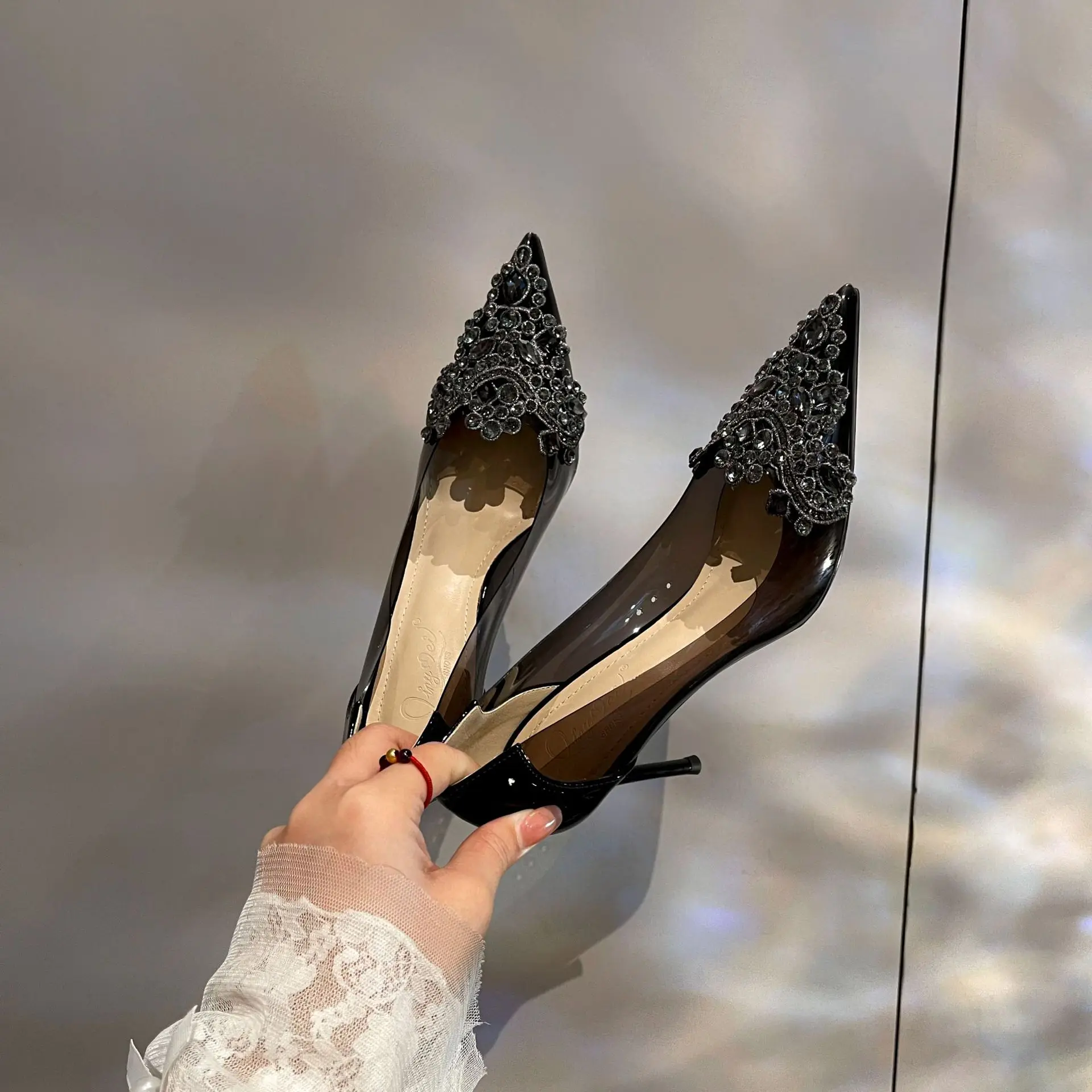 

Spring New Transparent High Heel Single Shoes for Women, Thin Heel Pointed Dress, Crystal Women's Wedding Shoes