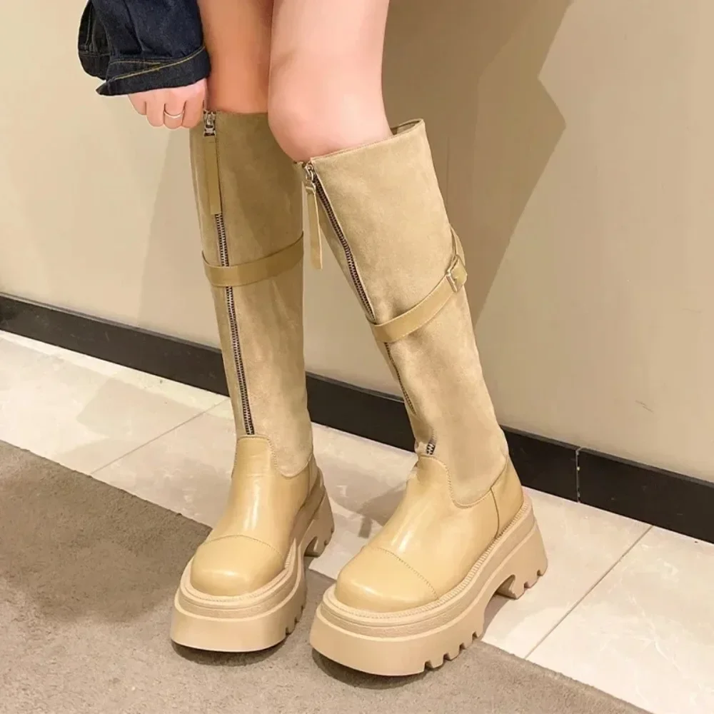 

Knee High Chelsea Boots Winter Women Platform Flats Shoes 2024 New Designer Suede Goth Long Boots Brand Zipper Mujer Long Boots