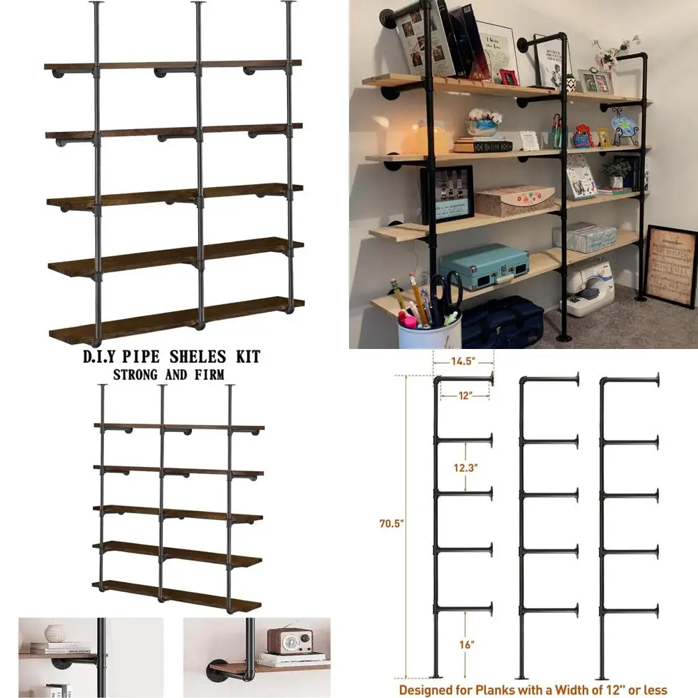 

Vintage Industrial Style 3-Piece 5-Tier Wall Shelf, 70.5 Tall, 12 Deep DIY Bookcase