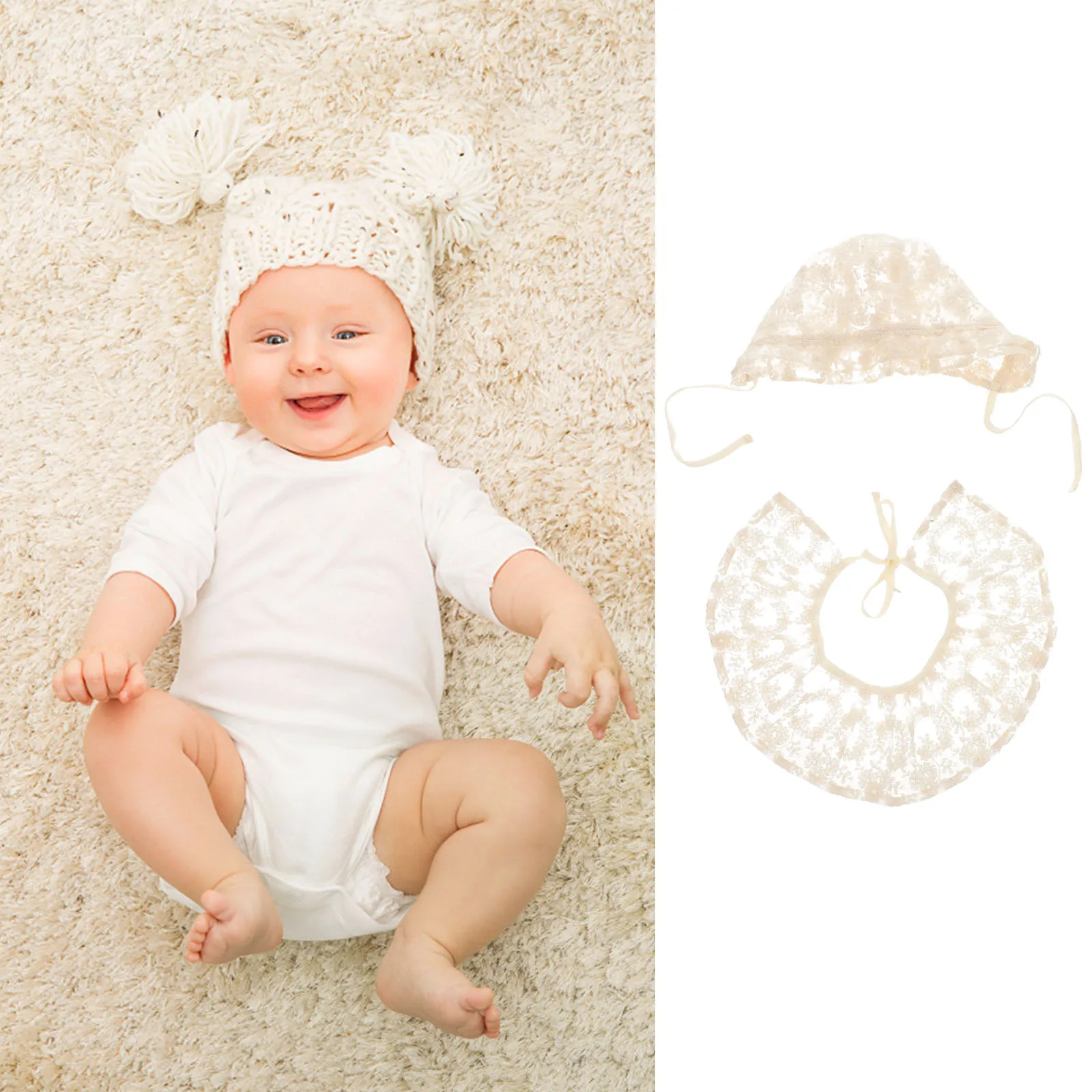 

2pcs Lovely Hat Newborn Lace Outfit Photoshoot Costume Set Comfortable Fabric Baptism Clothing Set For Festival Wear