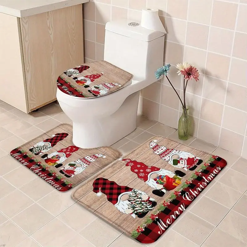 VIKAMA Weihnachts-Gnom-Badezimmerteppich-Set, 3-teilig, Buffalo-Karo-Druck, rutschfeste Badematte, Toilettenbezug für die Badezimmer-Weihnachtsdekoration