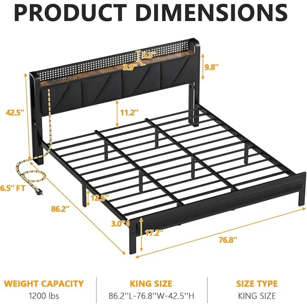 King Bed Frame with Headboard and LED Light, Upholstered Platform with Power Outlet and USB Port, King Size Bed image 5