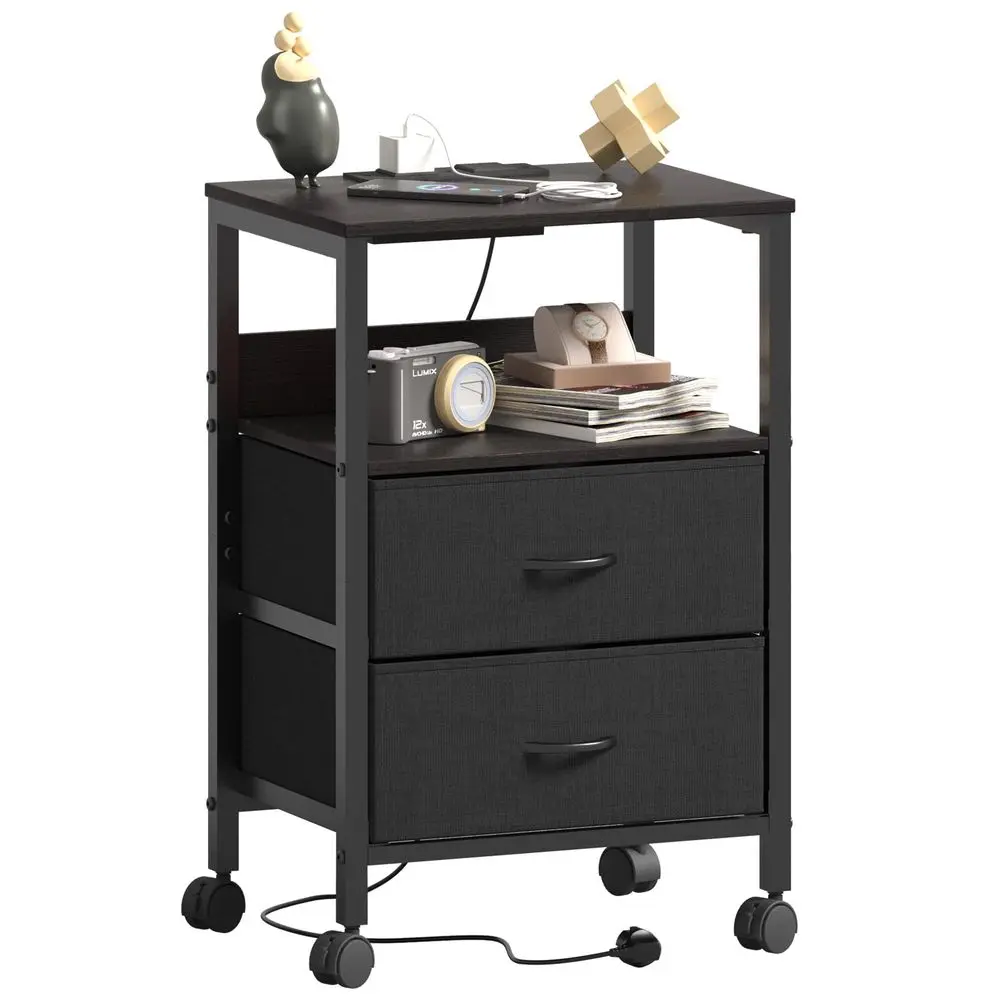 Table with Charging Station, Night Stand Small Bedside Cabinet with Open Storage Shelf and 2 Fabric Drawers, Side Table with 4